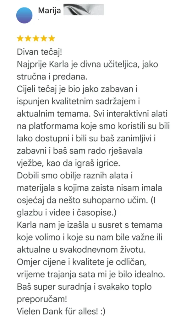 Google recenzija za tečaj stranog jezika